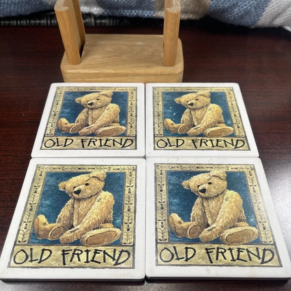 Vintage Absorbent Stone Art Coaster Set With Holder Old Friend Teddy‎ Bear 3